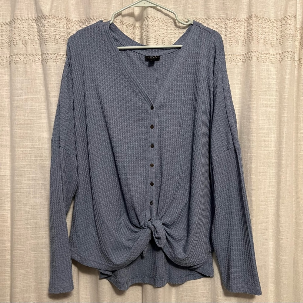 a.n.a Baby Blue Waffle Knit Button Down Top with Knot